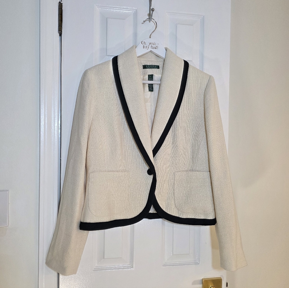 PRISTINE Lauren Ralph Lauren Cream Black Linen Blend Blazer Size 14 Lined